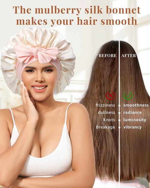 AWAYTR Silk Bonnet for Sleeping Women 100% Mulberry Silk Bonnet with Band 2 Layer Reversible Hair Bonnet Sleeping Hair Wrap (Pink/Beige)