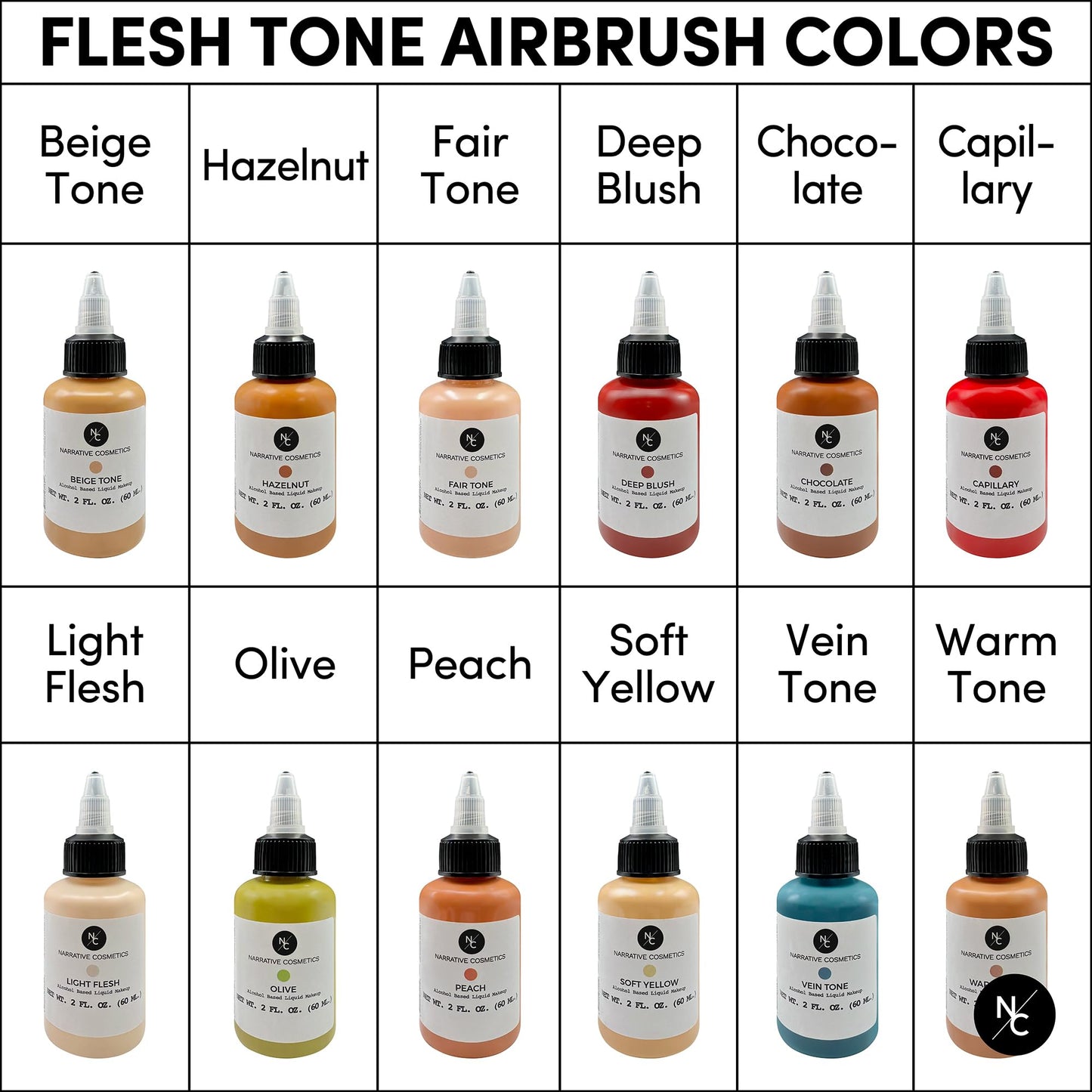 Narrative Cosmetics Flesh Tone Alcohol Airbrush Paints - 2 fl oz, Skin Safe, Quick Dry, Waterproof, Sweatproof, Transferproof Liquid Makeup for Tattoo Cover-Up, Bodypainting, FX Makeup - Capillary