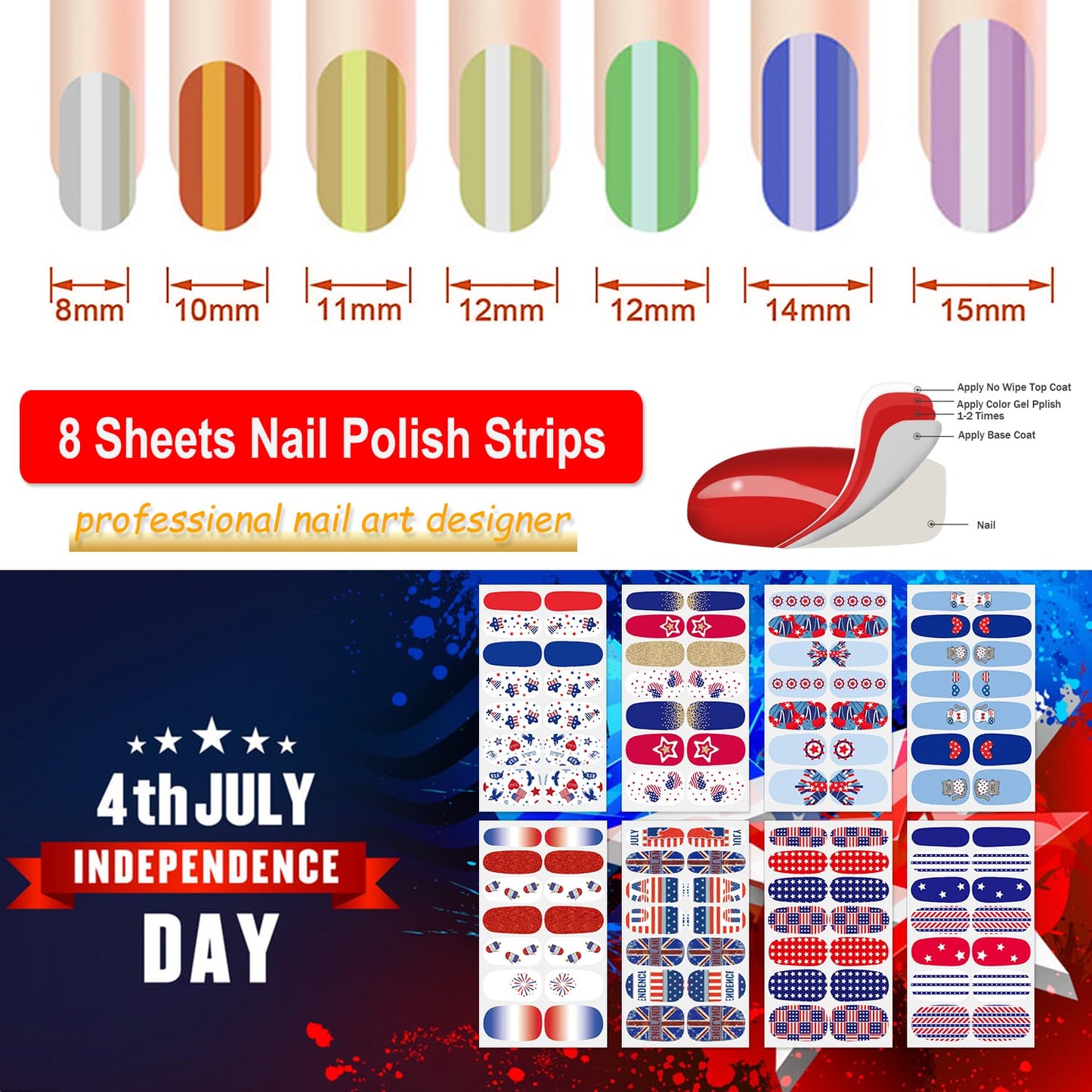 DANNEASY 8 Sheets 4th of July Independence Day Nail Wraps Nail Polish Stickers for Women Nail Polish Strips Self Adhesive Fingernail Stickers Stick on Nails with Nail File, Cuticle Stick