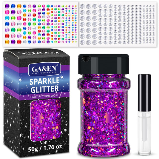 50g Holographic Purplish Red Chunky Glitter+2 Sheets of Rhinestone Sticker Clear+Colorful Rhinestones for Face Glitter with Multi-Shapes for Body Eye Makeup Set for Rave Party+Quick Dry Makeup Glue