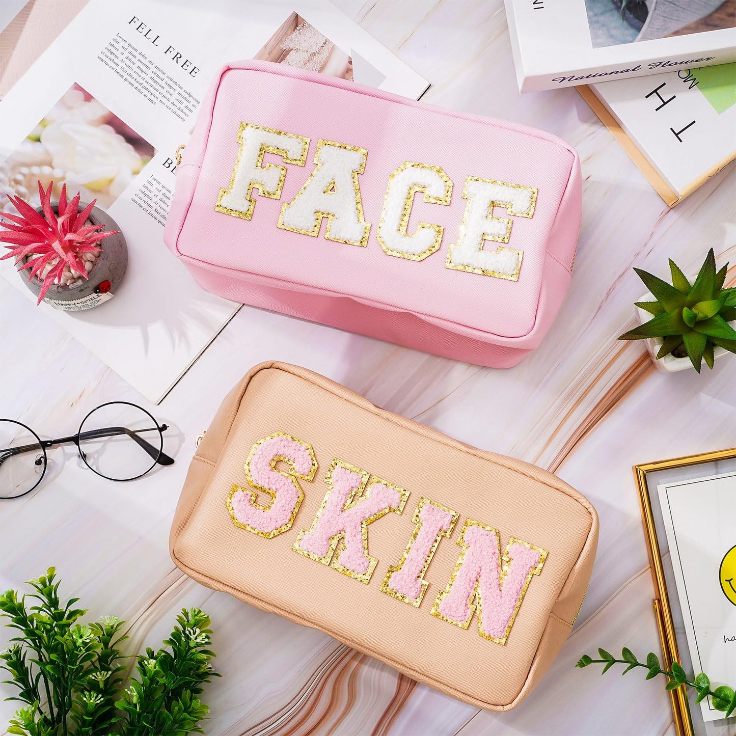 Whaline 4 Pcs Preppy Makeup Bag Chenille Letter Cosmetic Bag PU Leather Waterproof Toiletry Bag Portable Makeup Pouch Organizer Zipper Patches for Women Gifts(Earth Tone,Skin,Stuff,Hair,Face)