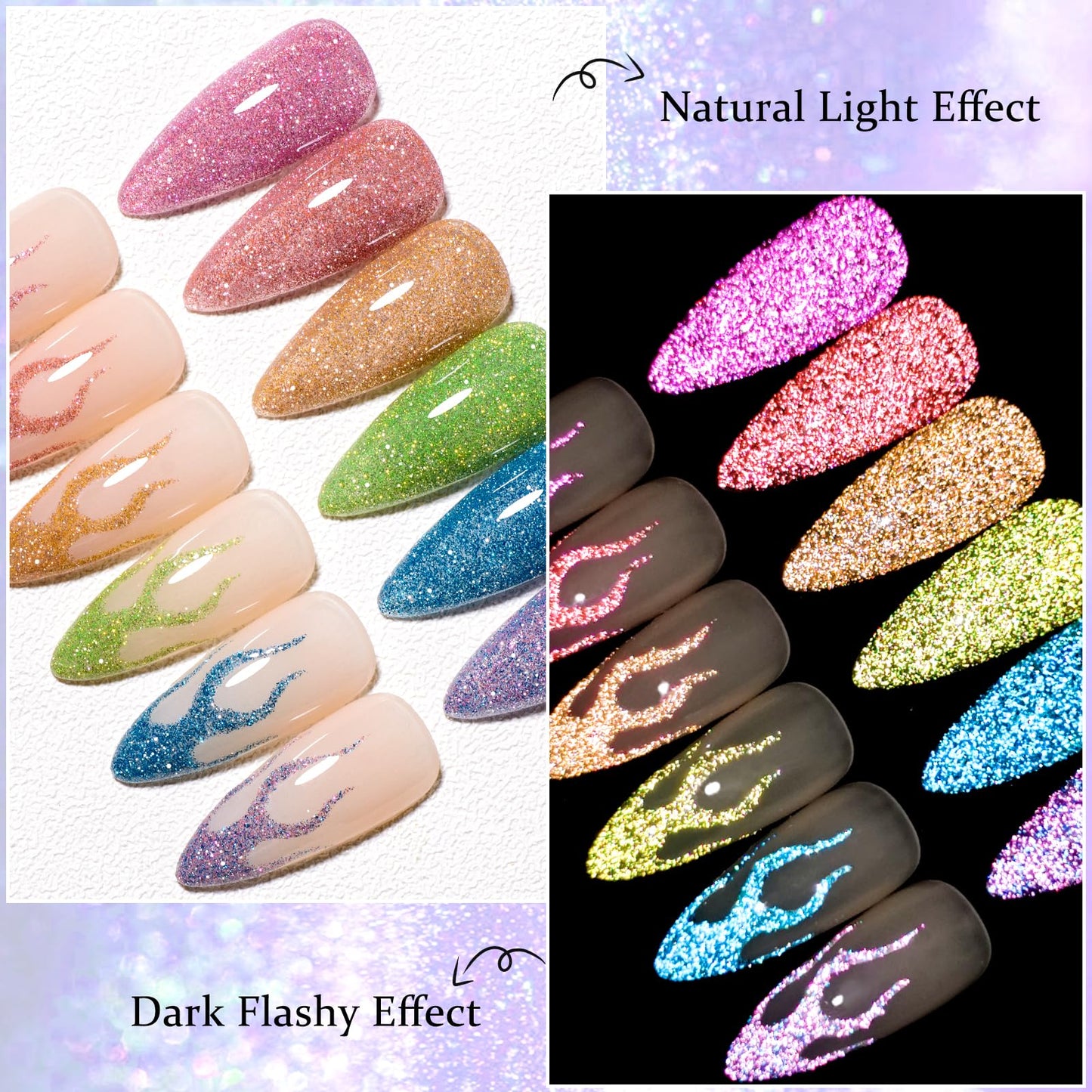 MEET ACROSS Colour Reflective Glitter Gel Nail Polish, Shimmery Glitter Gel Polish Set, Sparkly Shiny Gel Nail Art Varnish Manicure Kit, Soak Off LED Lamp, for Beginners DIY at Home