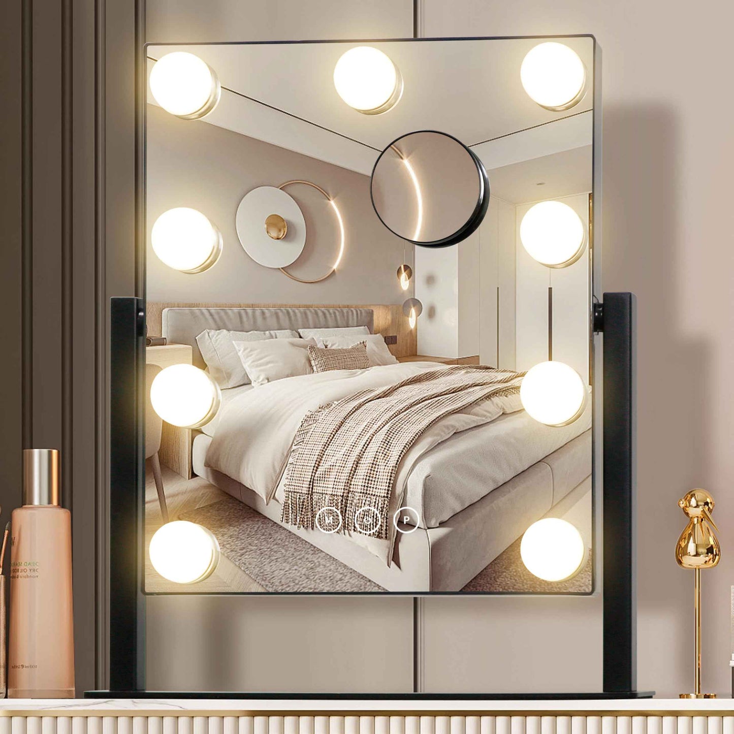 NUSVAN Vanity Mirror with Lights,Makeup Mirror with Lights with 9 Dimmable LED Bulbs, 3 Color Lighting Modes Detachable 10X Magnification Mirror Touch Control,360°Rotation
