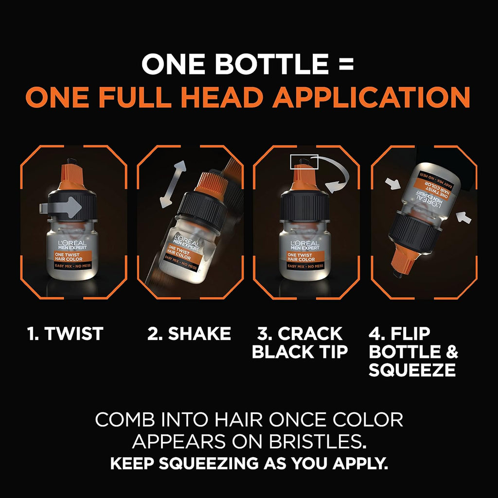 L’Oreal Paris Men Expert One Twist Mess Free Permanent Hair Color, Mens Hair Dye to Cover Grays, Easy Mix Ammonia Free Application, Real Black 02, 1 Application Kit
