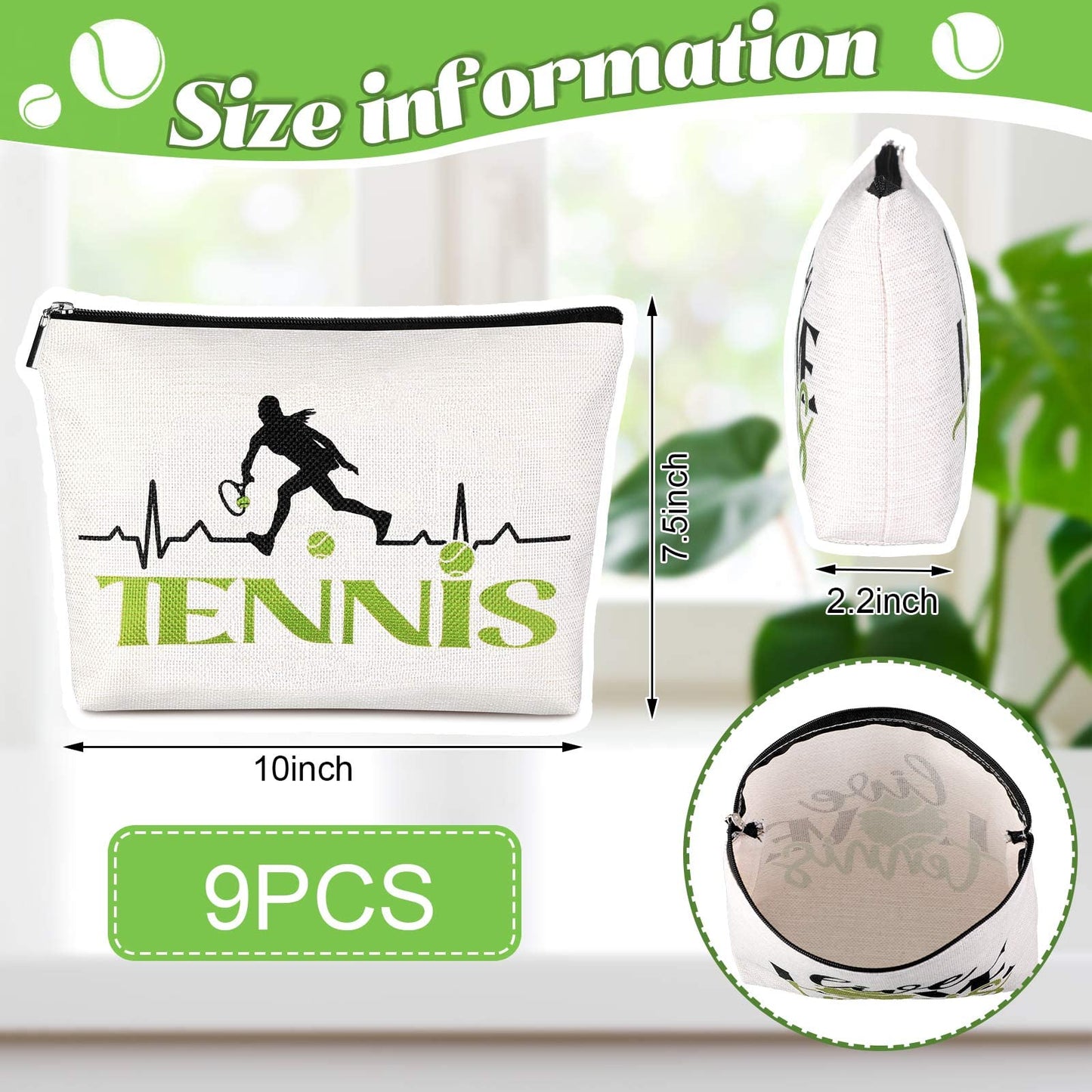 Pinkunn 9 Pieces Tennis Gifts for Women Tennis Makeup Bag Tennis Accessories Pouch Bag for Girls Tennis Travel Zipper Cosmetic Bags for Tennis Lover Player Team Novelty Graduation Birthday Xmas Gift