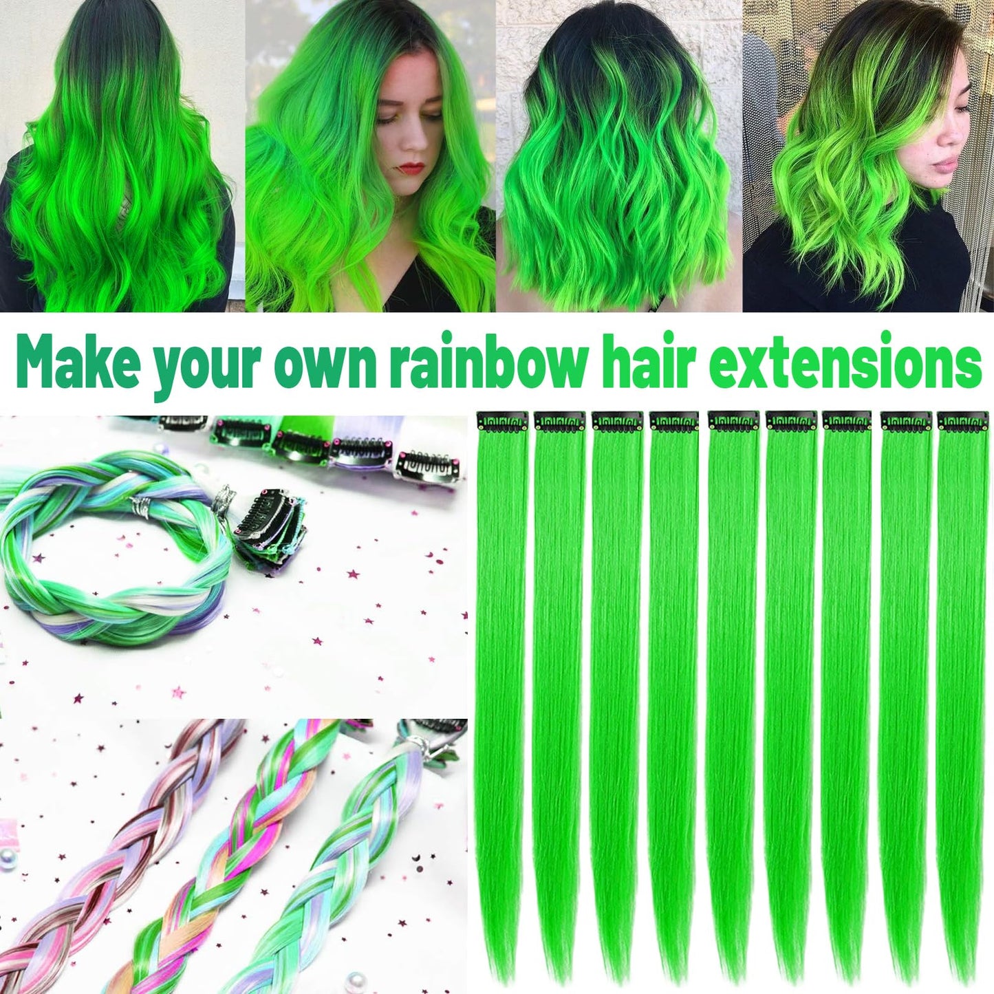 TOFAFA 22 inch Colored Hair Extensions Straight Hairpiece, Multi-colors Party Highlights Clip in Synthetic Hair Extensions for Women Kids Girls Cosplay Party Gift(10 PCS Green)