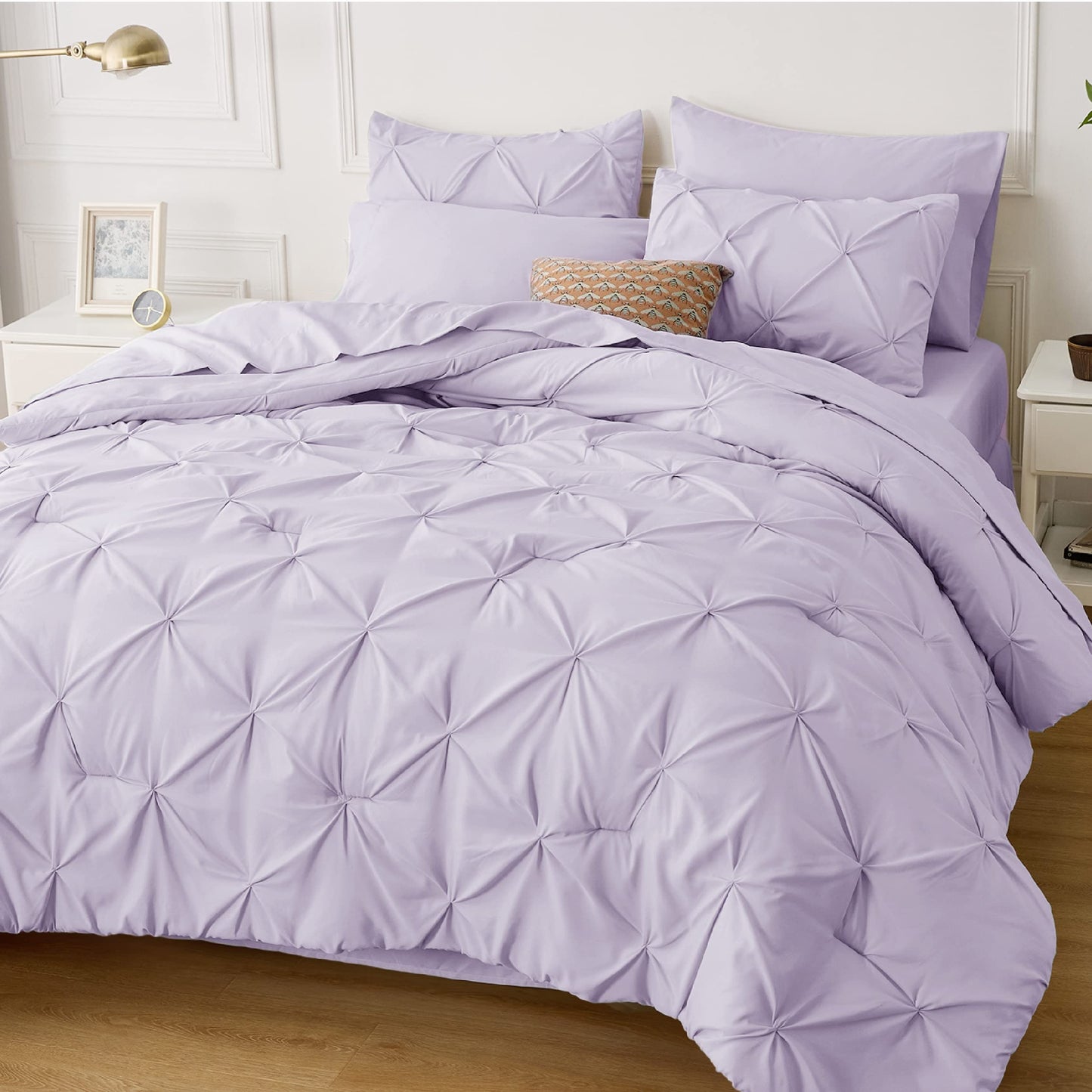 Bedsure Twin Comforter Set with Sheets - 5 Pieces Twin Bedding Sets, Pinch Pleat Light Purple Twin Bed in a Bag with Comforter, Sheets, Pillowcase & Sham