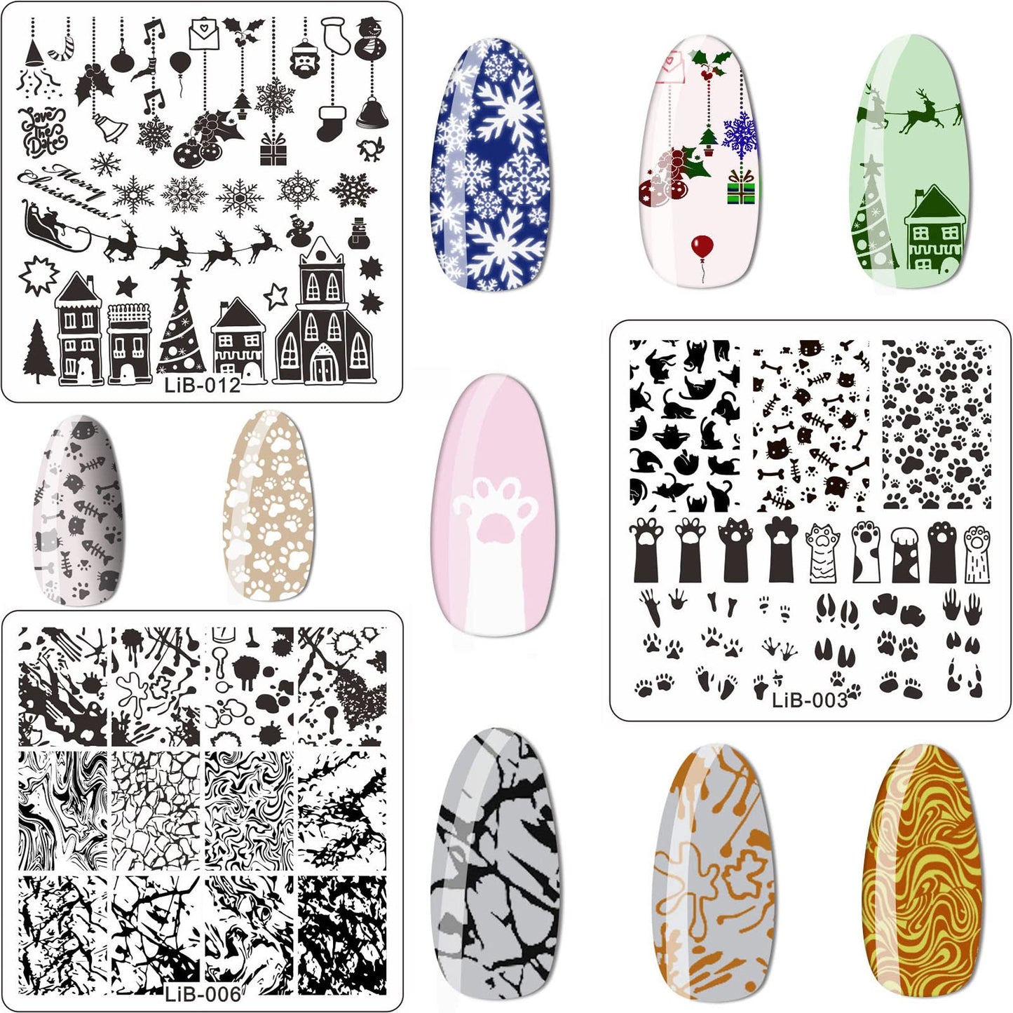 LiBiuty Nail Art Stamping Plate Kit, 12PCS Stamp Stencil Plates with Different Image Flower Leaves Animal Lace Pattern, 1 Silicone Double Sided Clear Stamper, 1 Scraper, 1 Template Storage Bag