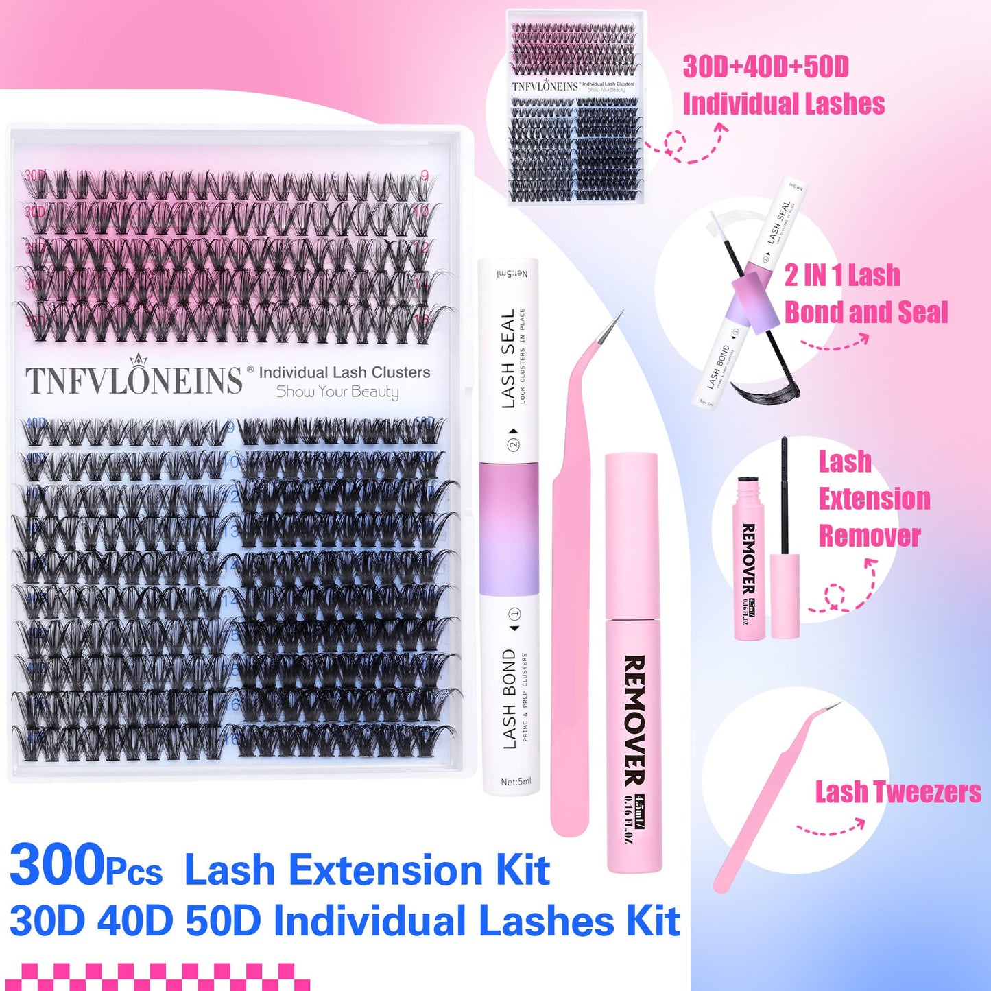 DIY Lash Extension Kit 300pcs Lash Clusters D Curl Eyelash Extension Kit 9-16MM Individual Lashes Kit Bond and Seal,Lash Remover and Eyelash Application Cluster Lashes Kit by TNFVLONEINS (30D+40D+50D)