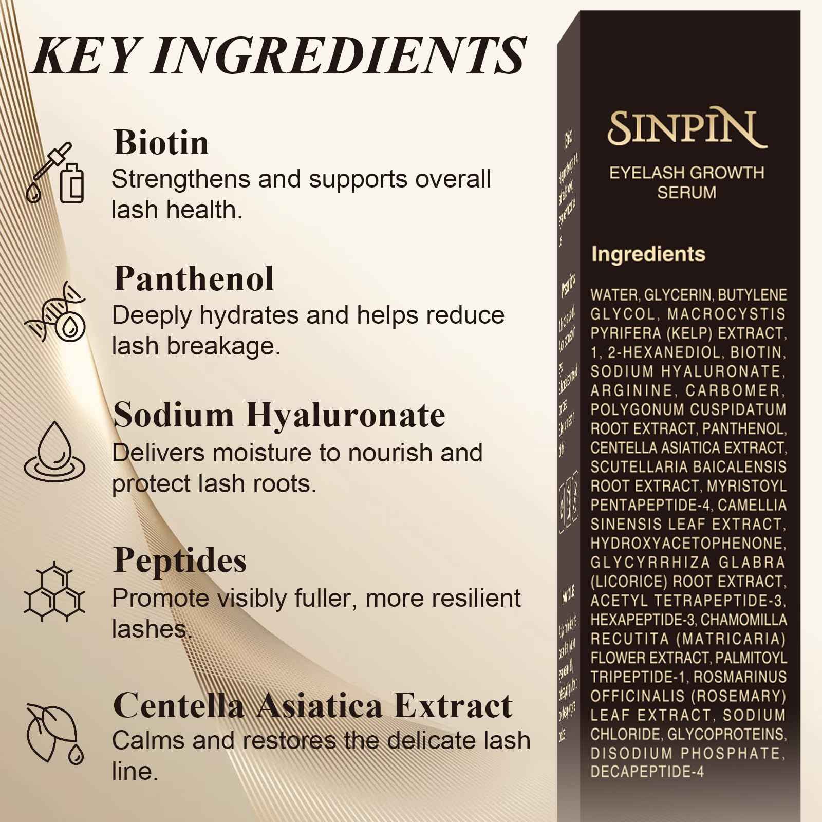 Natural Lash Growth Serum – See Visible Results in 4 Weeks | SINPIN Eyelash Serum without Prostaglandin, Enriched with Biotin, Panthenol & Peptides for Longer, Thicker Lashes, 5ML