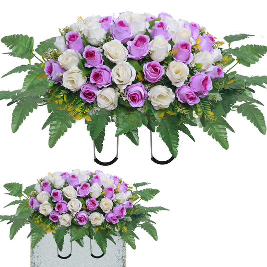 Lodou Artificial Cemetery Flower Saddles, Rose Headstone Flower Saddle Outdoor Grave Decorations,Cemetery Memorial Flowers with Vase for Grave Tombstone Decorations (Purple with white, Saddle)