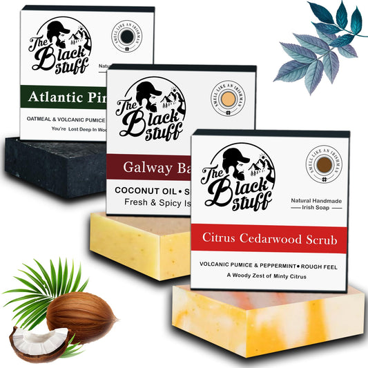 The Black Stuff All Natural Organic Soap Bar - Pack of 3 Soaps with Organic Ingredients and Essential Oils - Handmade, Fragranced Soaps for Men - Pine Tar, Citrus Cedarwood and Bay Rum Soaps.