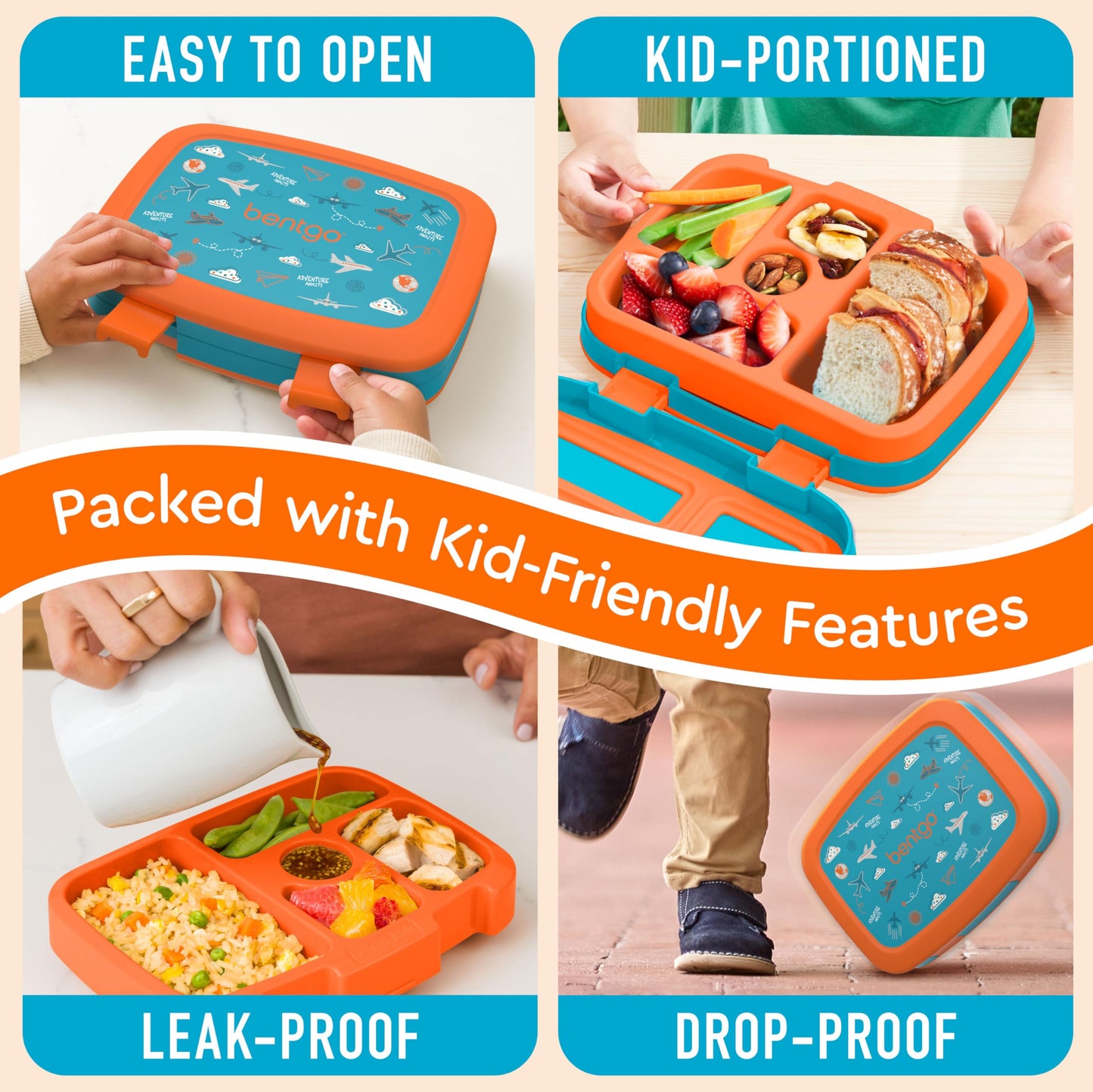 Bentgo Kids Prints Leak-Proof, 5-Compartment Bento-Style Kids Lunch Box - Ideal Portion Sizes for Ages 3-7, Durable, Drop-Proof, Dishwasher Safe, & Made with BPA-Free Materials (Planes)