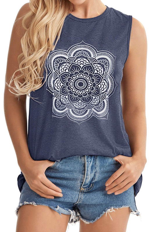 Graphic Tank Tops for Women Summer Sleeveless Tshirts Casual Loose Tunic Blouses(Flower Blue, S)