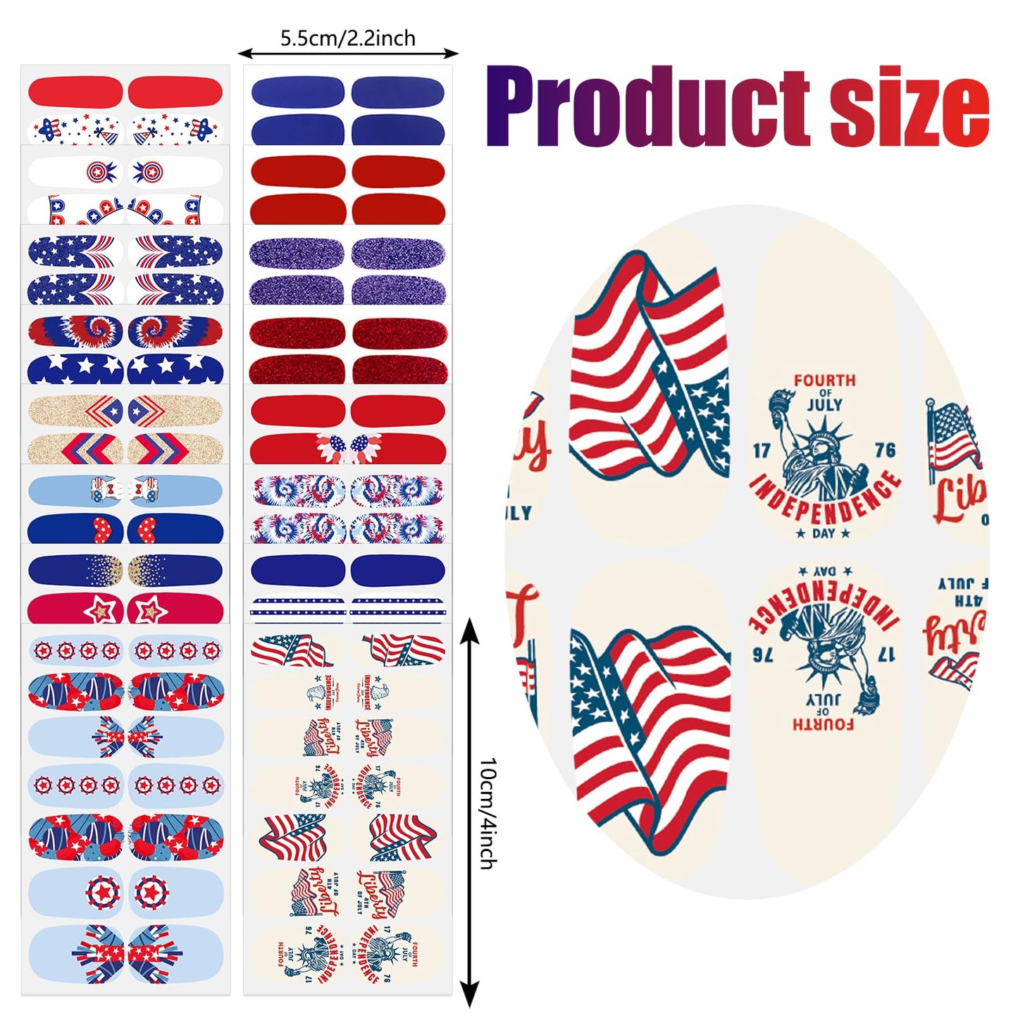 JERCLITY 224 Pieces 16 Sheets Independence Day Nail Polish Strips Patriotic American Flag Nail Wraps Nail Art Stickers 4th of July Self-Adhesive Solid Color Nail Decals Manicure for Memorial Day