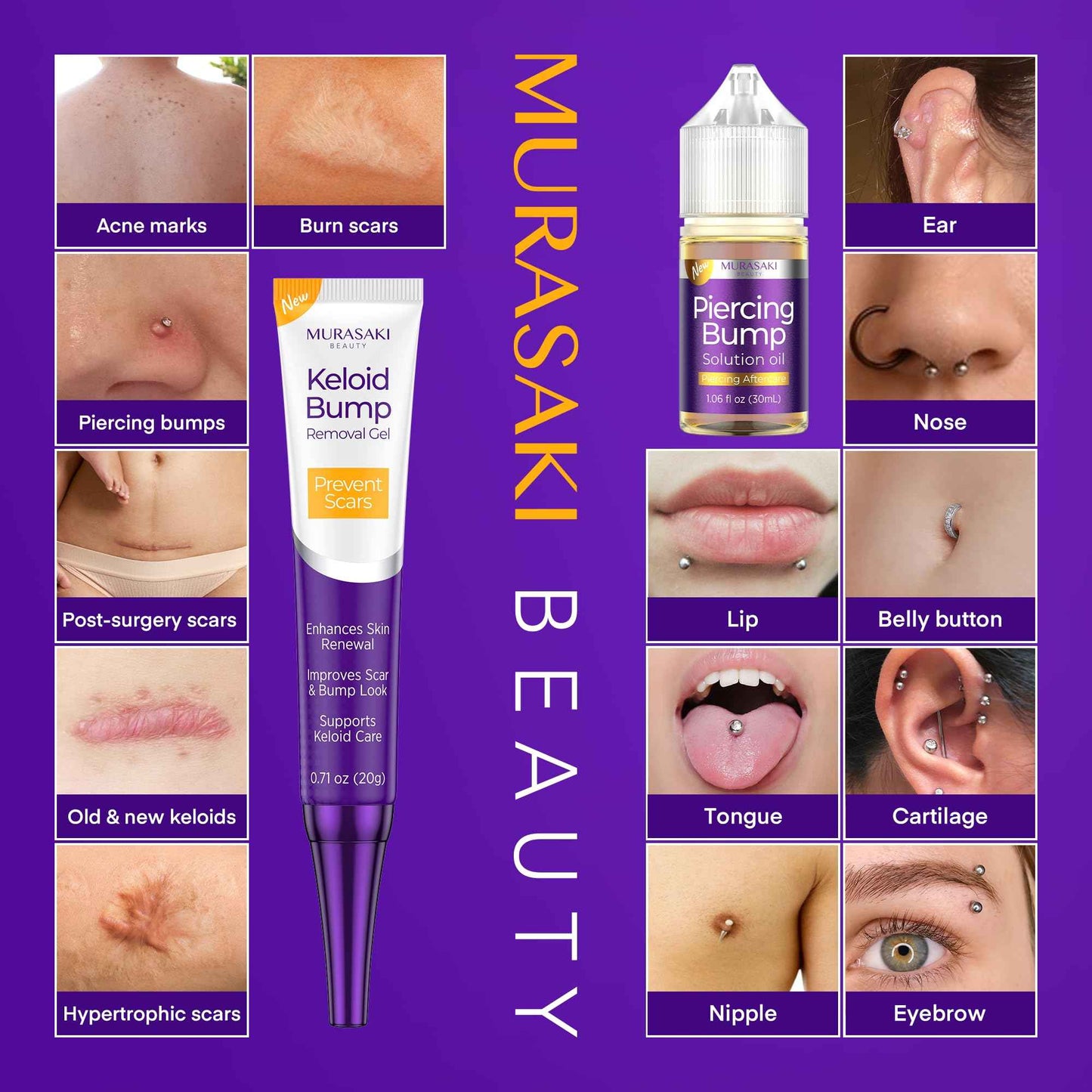 Piercing & Keloid Bump Solution Oil & Gel Kit, Piercing Aftercare Treatment Piercing Bump Solution Aftercare Oil (30 mL) + Keloid Bump Removal Gel (20 g) (0.71 oz (20g))