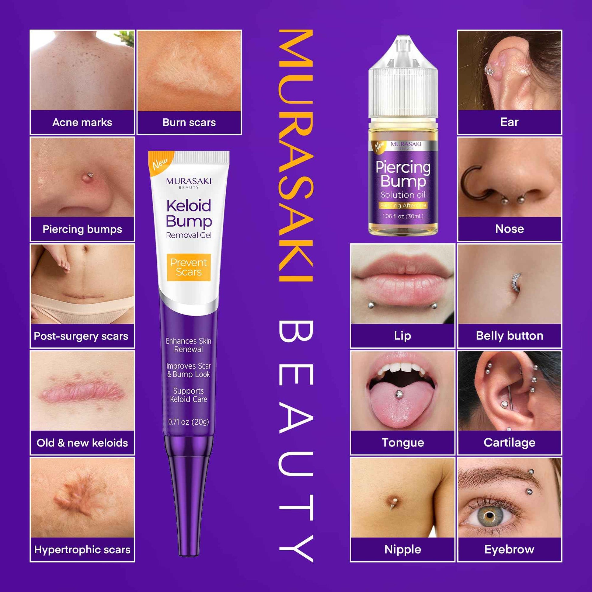 Piercing & Keloid Bump Solution Oil & Gel Kit, Piercing Aftercare Treatment Piercing Bump Solution Aftercare Oil (30 mL) + Keloid Bump Removal Gel (20 g) (0.71 oz (20g))