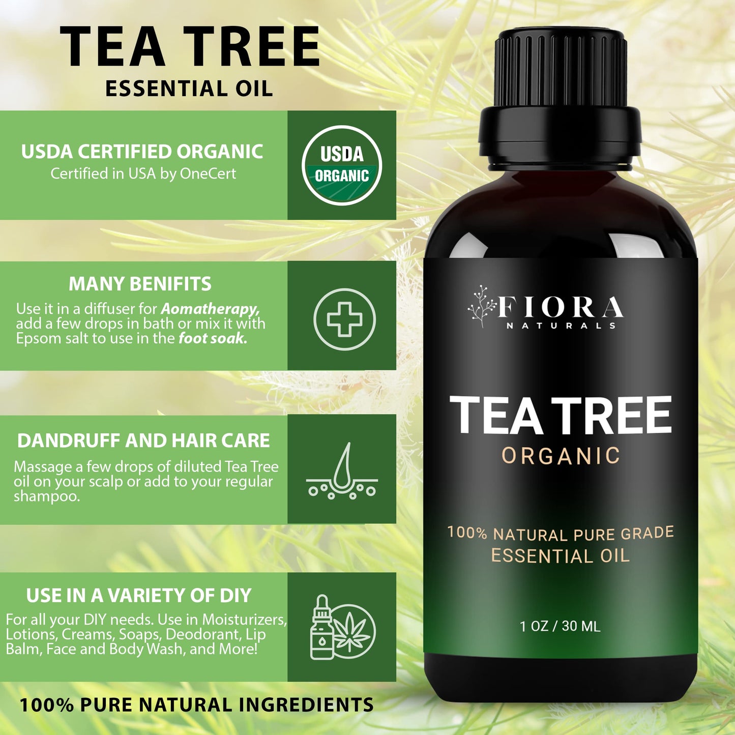 Tea Tree Essential Oil by Fiora Naturals- 100% Pure Organic Oil, for Face, Hair, Skin, Acne, Scalp, Foot and Toenails. Melaleuca Alternifolia, 1 oz /30ml