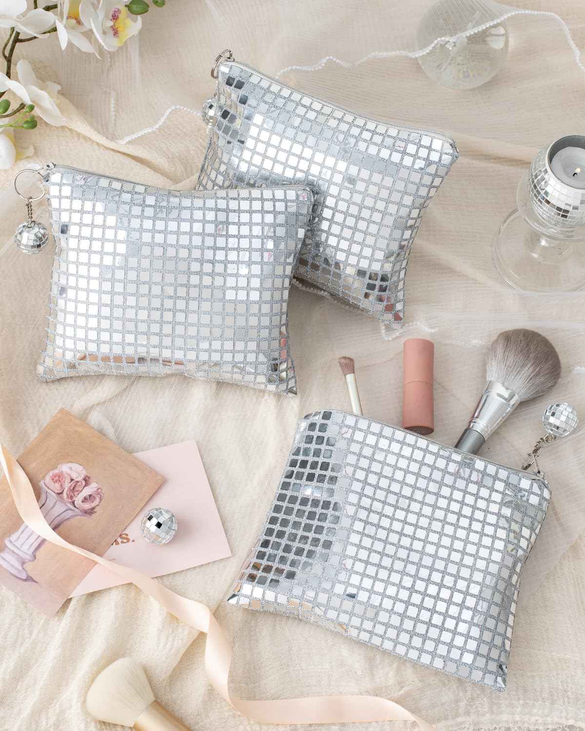 RGBDOT 12 Pack Disco Ball Makeup Bag - Disco Party Decorations and Favors, Sequin Mirror Cosmetic Bag for Women