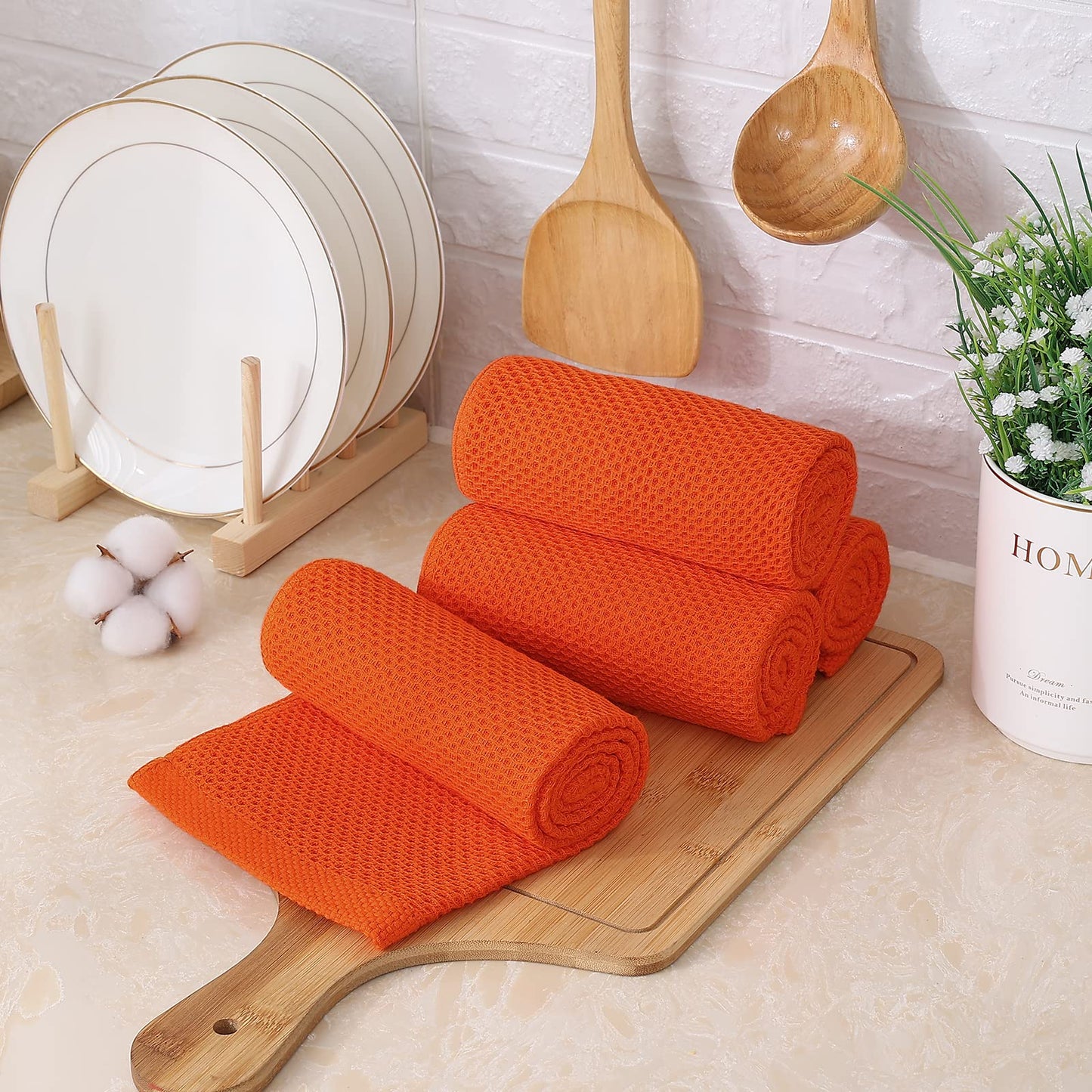 Kitinjoy 100% Cotton Waffle Weave Kitchen Towels, 4-Pack Super Soft and Absorbent Kitchen Dish Towels for Drying Dishes, Kitchen Hand Towels, 13 in x 28 in, Reddish Orange