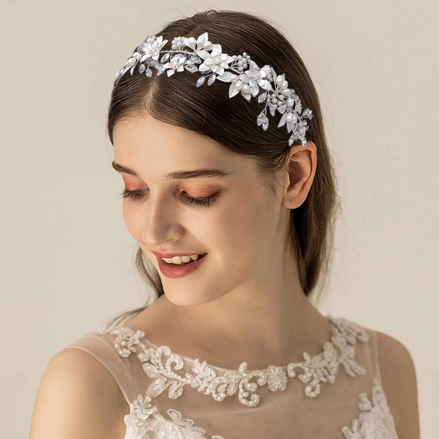 Oriamour Wedding Headband Bridal Headpiece Flower Design With Genuine Freshwater Pearls And Ribbons Hair Accessories For Bride (Silver)