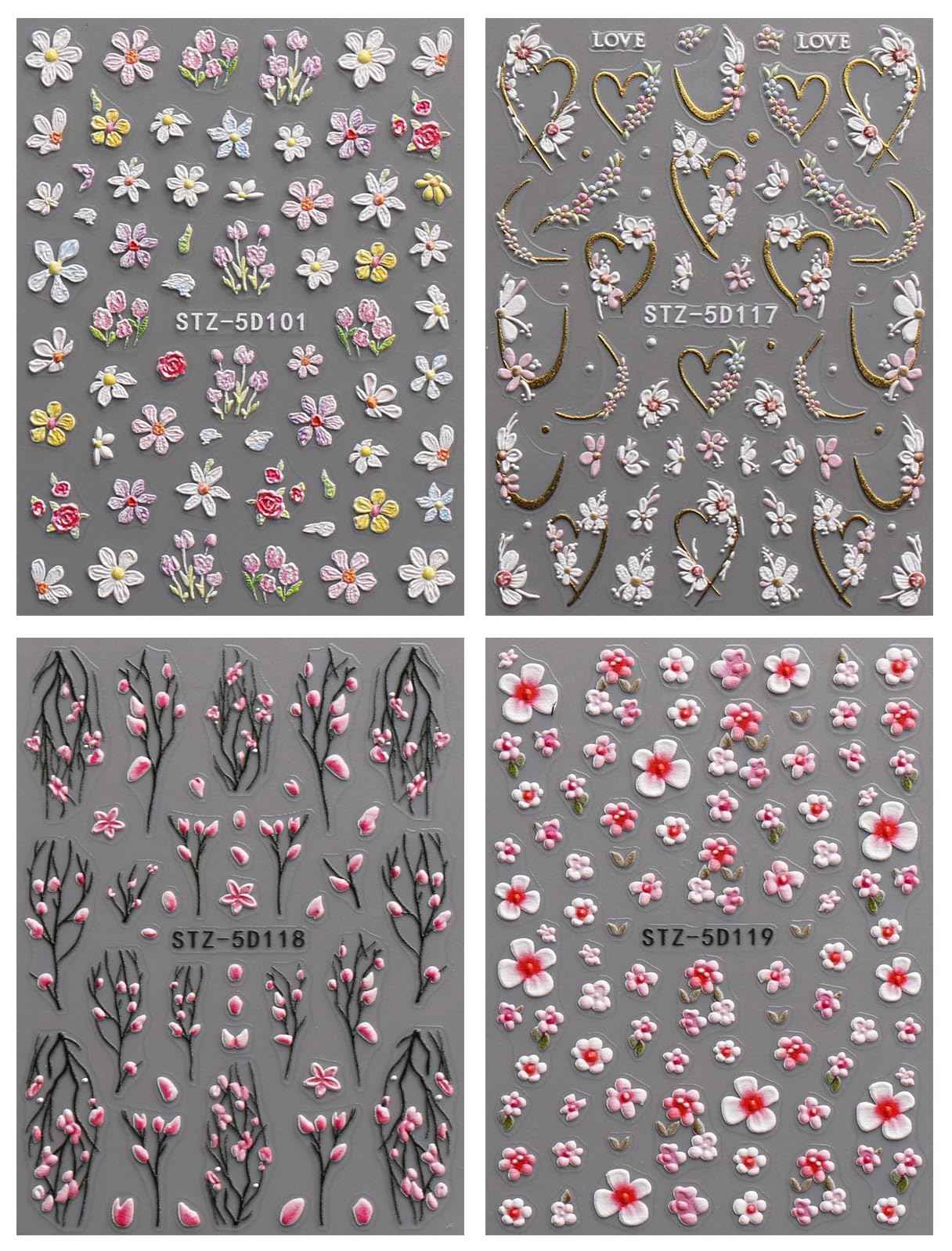 JMEOWIO 3D Embossed Flower Nail Art Stickers Decals Self-Adhesive 5D Spring Summer Floral Nail Supplies Nail Art Design Decoration Accessories 4 Sheets