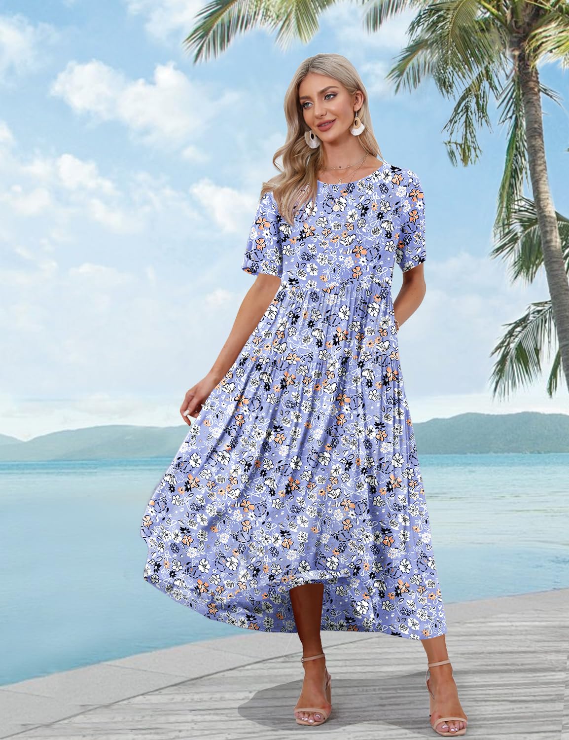 YESNO Women Casual Loose Bohemian Floral Dress with Pockets Short Sleeve Long Maxi Summer Beach Swing Dress S EJF CR347