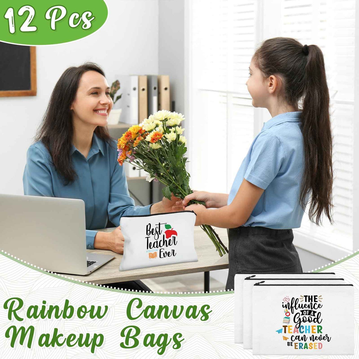 Kajaia 12 Pcs Teacher Gifts Makeup Bags Teacher Appreciation Travel Toiletry Canvas Cosmetic Pencil Survival Kit Bag for Women Zipper Pouch Bag Thank You Gifts Bulk (Warm Words)