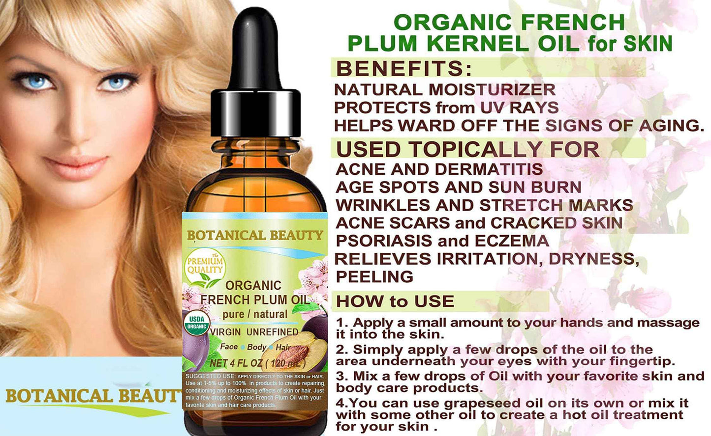 Botanical Beauty Organic French PLUM OIL 100% Pure Natural VIRGIN UNREFINED Cold-Pressed Carrier Oil for Face, Skin, Body, Hair, Lip, Nails. Rich in Vitamin E, Omega 6, Omega 9 (1 Fl Oz)