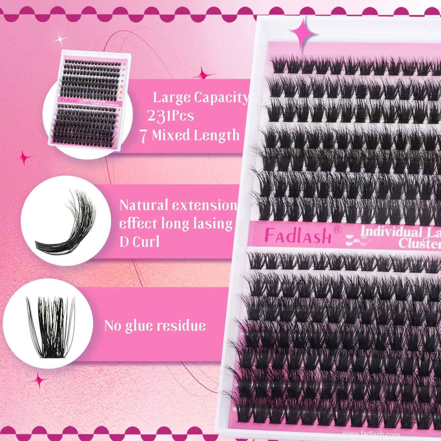 FADLASH Lash Extension Kit 80D+100D Lash Clusters D Curl Lash Cluster Kit DIY Eyelash Extension Kit with Lash Bond and Seal Lash Tweezers 3D Effect fluffy Cluster Lashes(80+100D Kit, Mix 8-16mm)