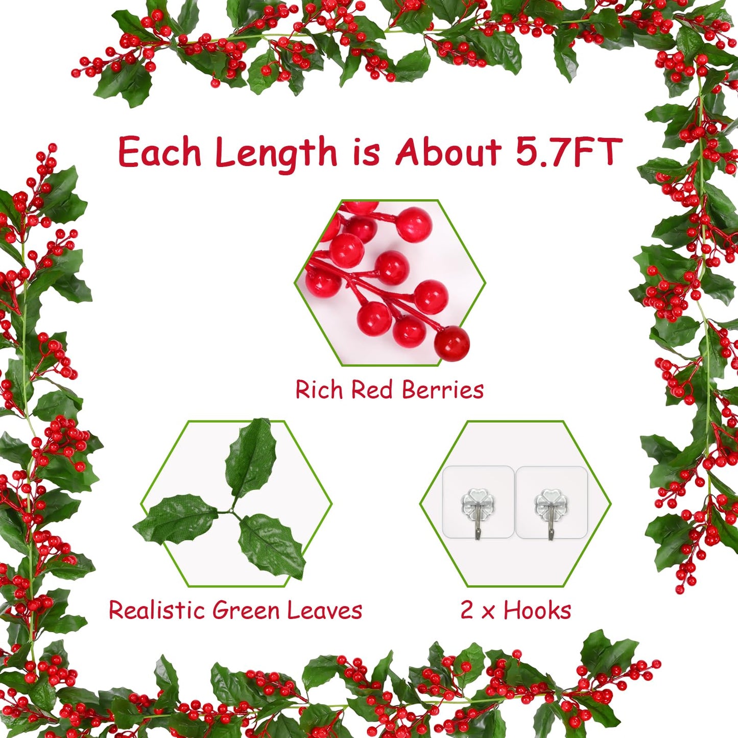 Christmas Garland, 2Pcs Red Berry Garland, Green Garland Christmas Decorations Indoor, Christmas Tree Garland for Mantle Holly Outdoor Home Table New Year Decor