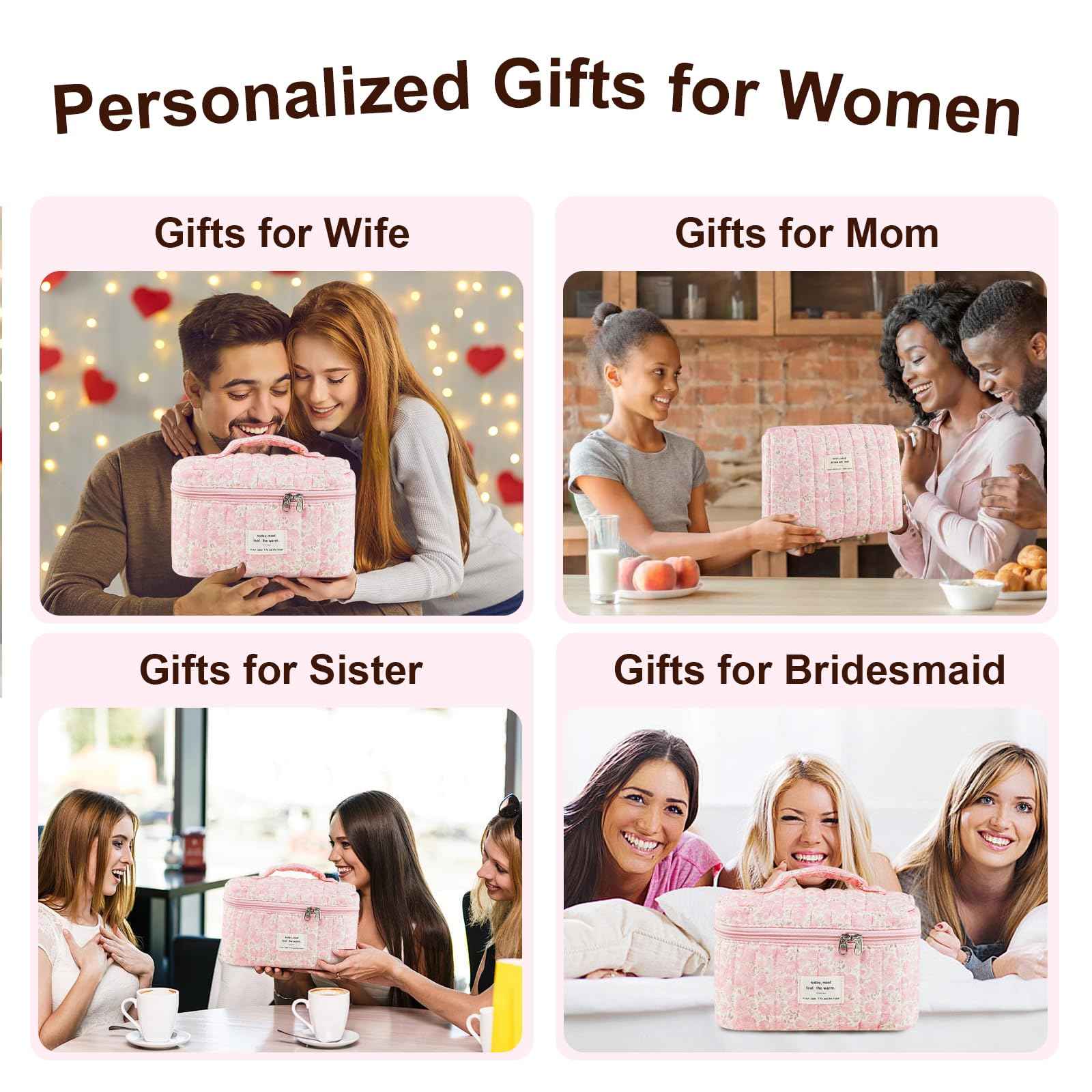 GISMTR 3Pcs Makeup Bag Cotton Quilted Travel Cosmetic Bag Cute Floral Makeup Pouch Large Toiletry Bag for Women Girls (Flowers-Pink3)