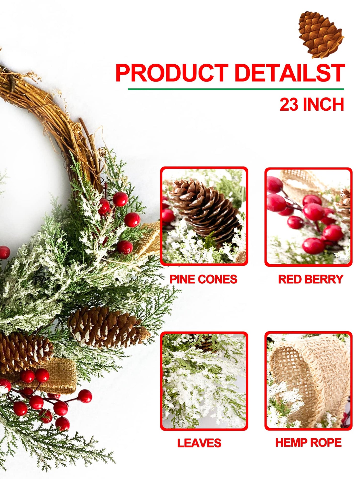 Christmas Artificial Wreath for Front Door, Outdoor Christmas Wreath Flocked with Mixed Decorations, Holiday Greenery Wreath with Pinecones, Red Berries, and Snowflake, 23 inches