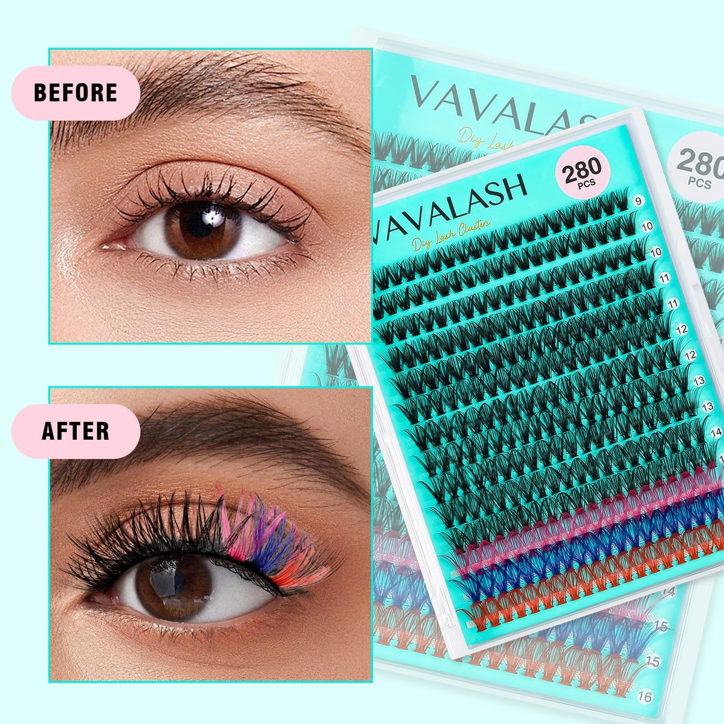 VAVALASH DIY Lash Extensions 280 PCS 40D Colored Individual Cluster Lashes D Curl Lash Clusters Faux Mink Slik Wispy False Lashes Easy Full Lash Extension DIY at Home (40D-0.07-D-9-16Mix Color)