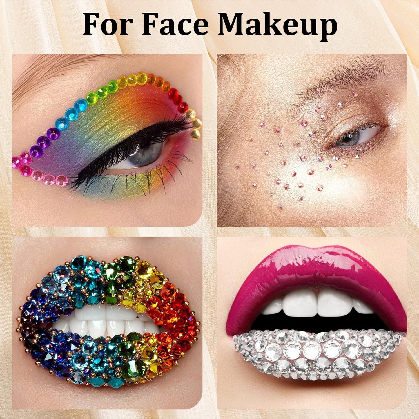 Colorful Face Gems with Makeup Glue, 2.4-6mm AB+Clear Glass Round Flatback Crystal + 2-5mm Resin Rhinestones for Eye Hair Makeup Body Art Manicure DIY Crafts with Dot-Brush Pen, Pickup Tools