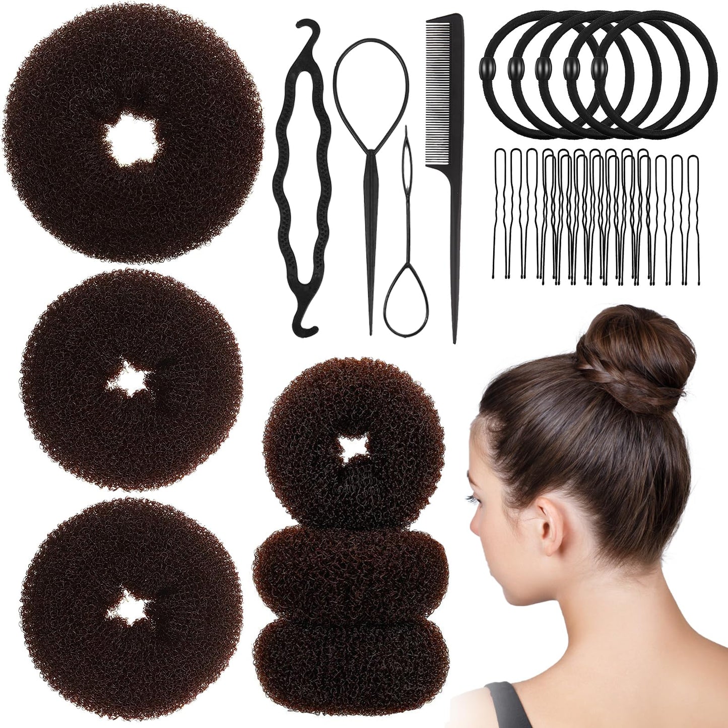 Hair Bun Maker Set 6 PCS - Ring Style Hair Bun Donut (1 L, 2 M and 3 S) with 20 Hair Bobby, Pins 5 Elastic Bands and 4 Pony Hair Tools for Long Hair (Dark Brown)