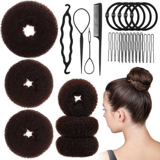 Hair Bun Maker Set 6 PCS - Ring Style Hair Bun Donut (1 L, 2 M and 3 S) with 20 Hair Bobby, Pins 5 Elastic Bands and 4 Pony Hair Tools for Long Hair (Dark Brown)