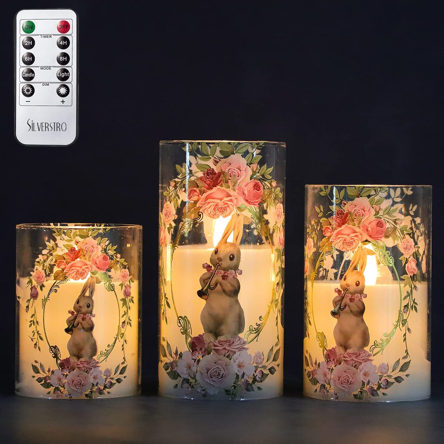 Silverstro Bunny Flameless Candles with Remote Flickering Glass Rabbit LED Candles for Home Wedding Party Easter Holiday Thanksgiving Decor - Pack of 3