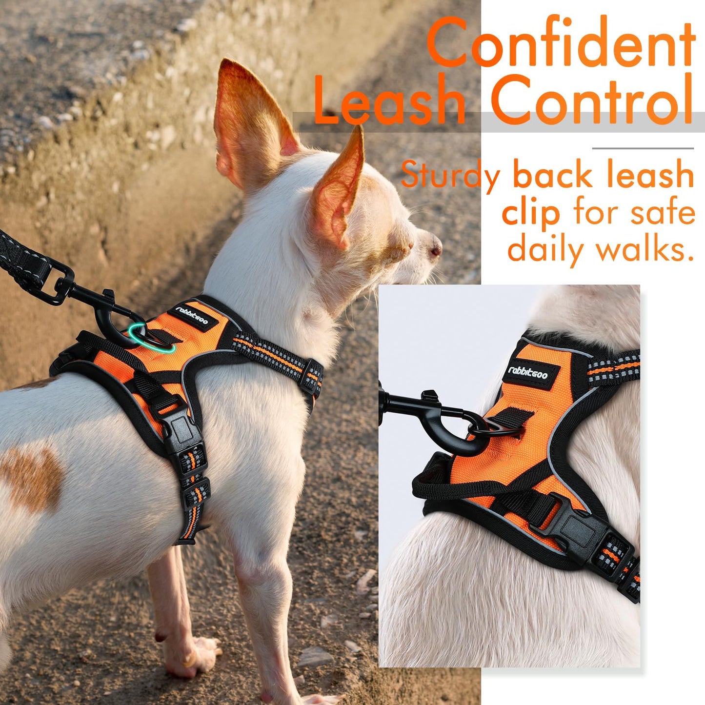 rabbitgoo Dog Harness, No-Pull Pet Harness with 2 Leash Clips, Adjustable Soft Padded Dog Vest, Reflective No-Choke Pet Oxford Vest with Easy Control Handle for Small Dogs, Orange,XS