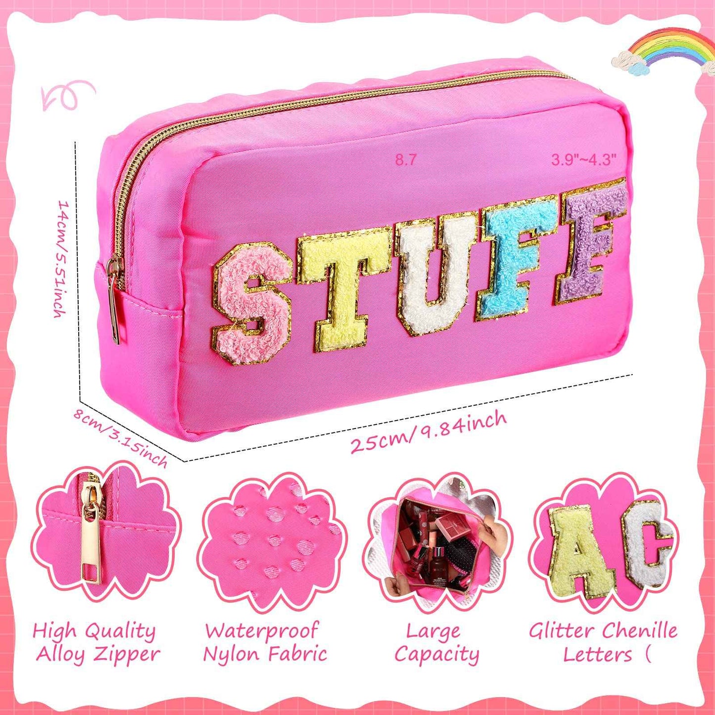 Hillban 4 Pack Chenille Letter Bag Makeup Bag Preppy Skincare Bag Nylon Cosmetic Pouch Zipper Waterproof Organizer Makeup Travel Bag Set for Teen Girls Women Travel Toiletry