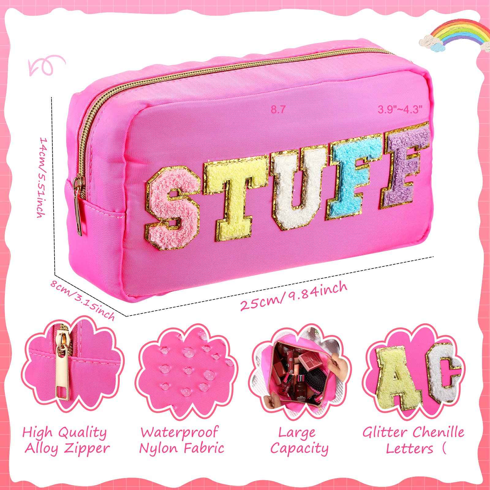 Hillban 4 Pack Chenille Letter Bag Makeup Bag Preppy Skincare Bag Nylon Cosmetic Pouch Zipper Waterproof Organizer Makeup Travel Bag Set for Teen Girls Women Travel Toiletry