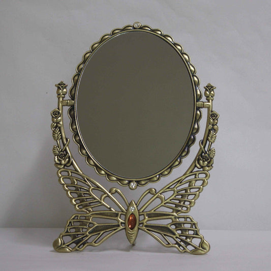 SEHAMANO Vintage Antique Butterfly Patterned Metal Frame Makeup Table Mirror, Decorative Oval Shaped Stand Mirror, Vanity Cosmetic Double Sided Rotatable Ellipse Mirror (Brass (Matt Gold), Large)