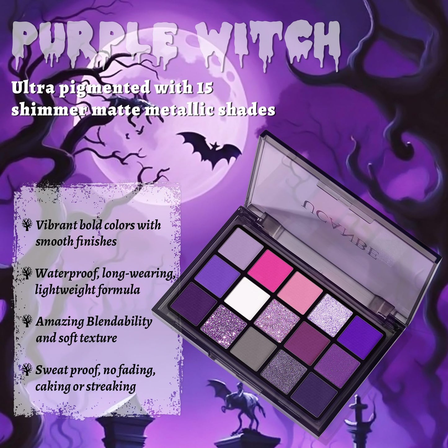 UCANBE Purple Eyeshadow Makeup Palette, 15 Colors Dark Smokey Shimmer Matte Metallic Glitter Eye Shadow Pallet, Violet Lavender Pink Make Up Kit for Cosplay Halloween Ursula Witch Costume Parties