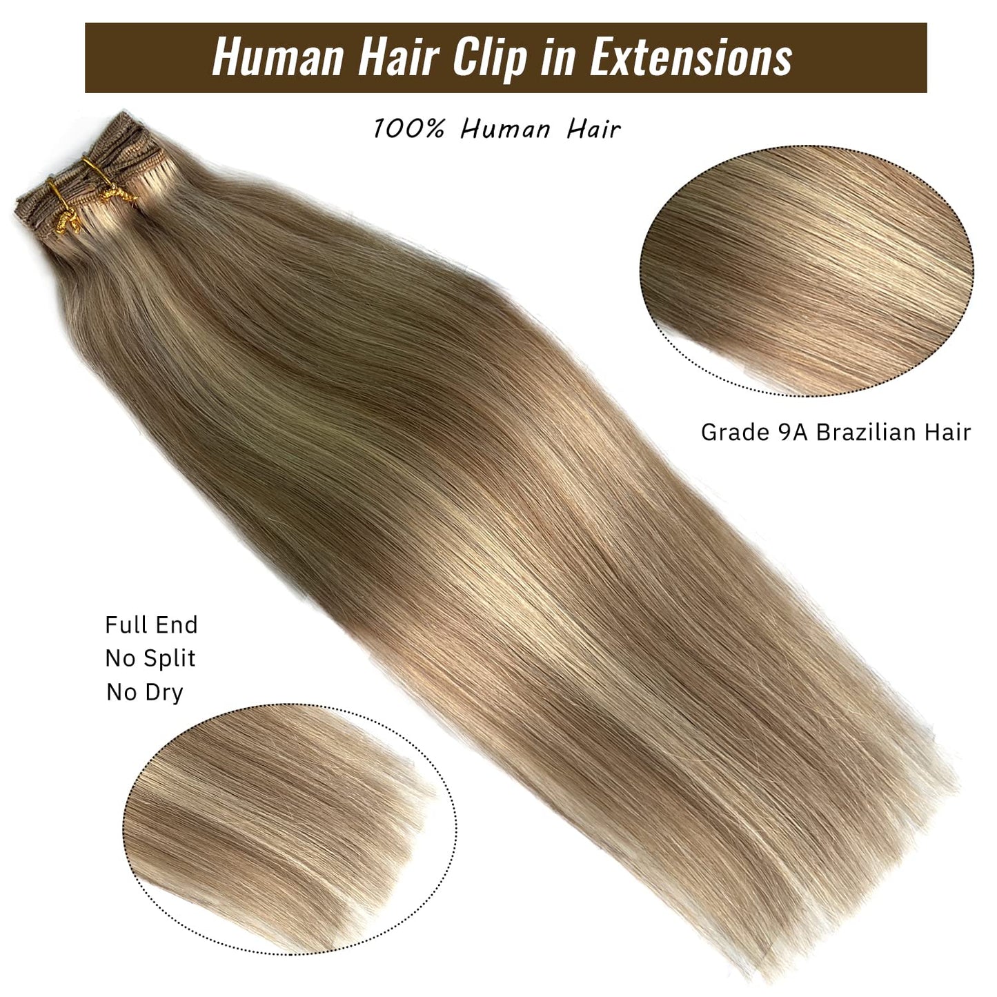 Hair Extensions Real Human Hair Clip ins, Remy Human Hair Clip in Extensions 7 Pieces 70G Golden Blonde to Light Blonde Highlights Double Wefts Clip in Hair Extensions for Fine Hair Women 16 Inch