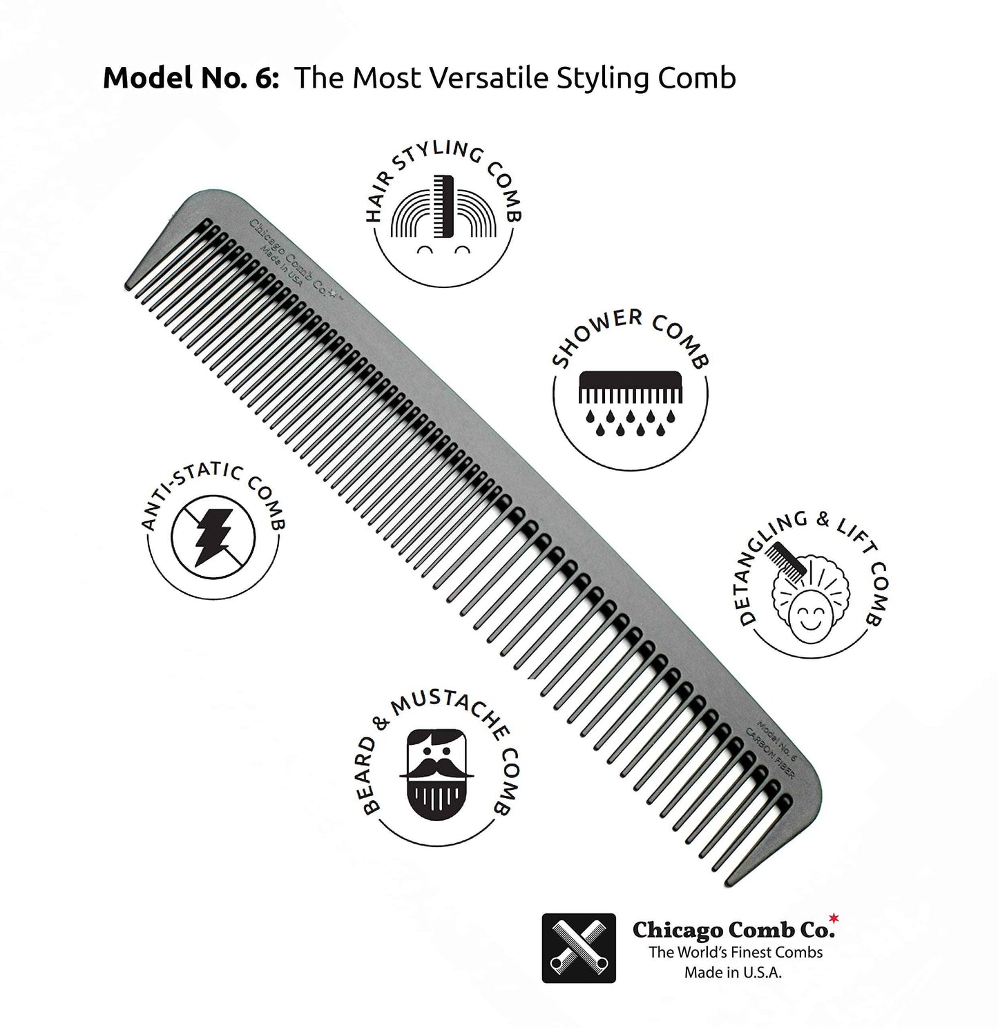 Chicago Comb Model 6 Carbon Fiber Comb + English Tan Horween leather sheath, Made in USA, ultimate styling comb, for men & women, smooth strong & light, anti-static, premium leather sheath