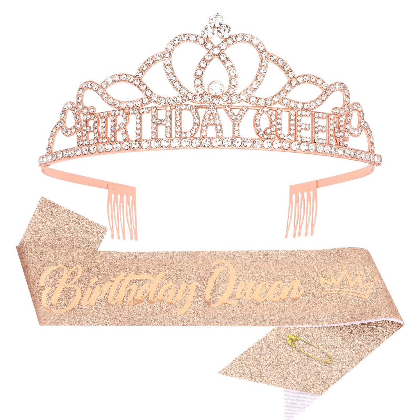 CIEHER Birthday Crown and Sash Set, Birthday Queen Crown for Women Girls Birthday Sash Birthday Tiara Rose Gold Birthday Decorations Birthday Gifts