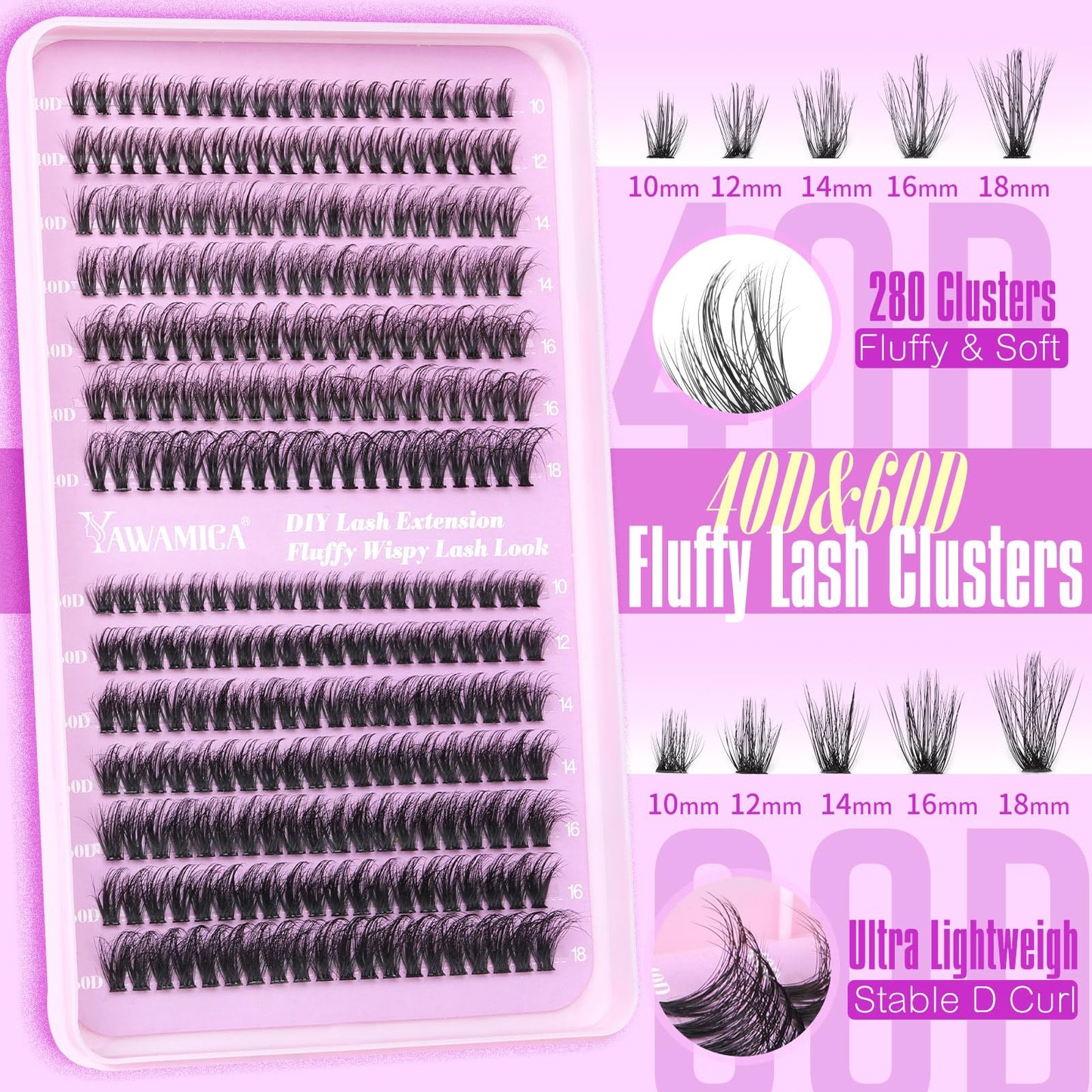 Yawamica Fluffy Eyelash Clusters Lash Extension 40D+60D Volume Individual Lashes Wispy 280pcs Lash Clusters Eyelash Extensions 10-18mm D Curl Cluster Lashes DIY Eye Lash at Home