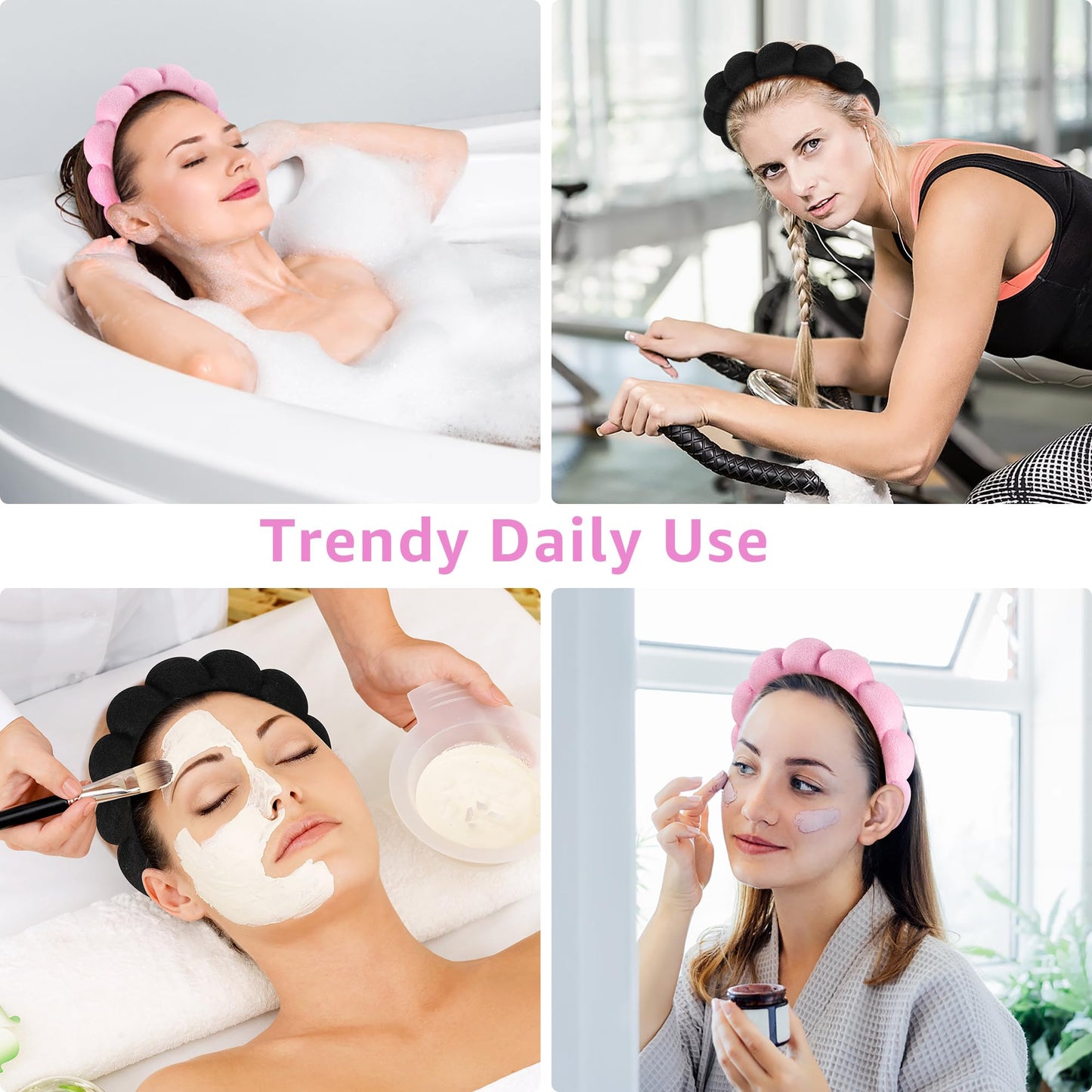 Spa Headbands for Washing Face or Facial, Set of 2 Skincare Headbands, Terry Cloth Headband Combo Pack - Puffy Makeup Headbands for Face Washing, Mask, Skin Treatment (Pink & Black)