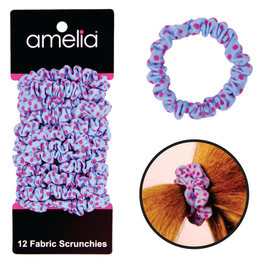 Amelia Beauty Small Blue, Pink dots Jersey Mini Scrunchies for Fine Hair, 12-Pack – Soft & Stylish No-Damage Hair Ties for Everyday Fun!