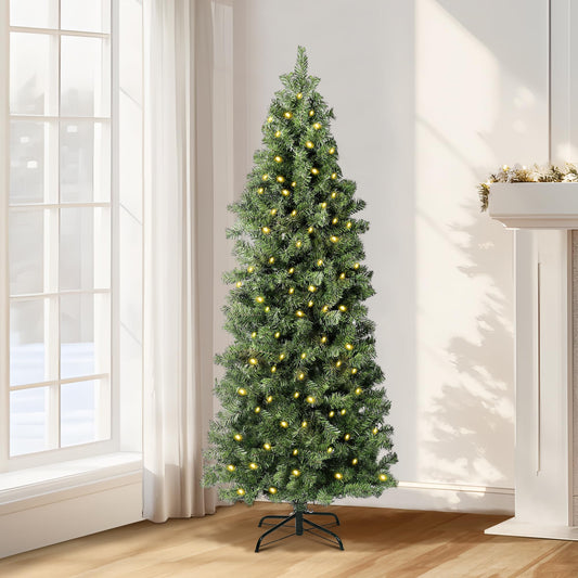 Annecy 6Ft Pre-Lit Fir Pencil Christmas Tree, Green Classic Artificial Slim Skinny Christmas Tree for Home, Office, Party Decoration w/ 618 Tips, 250 Warm White&Multi-Color Lights, Metal Hinges & Base